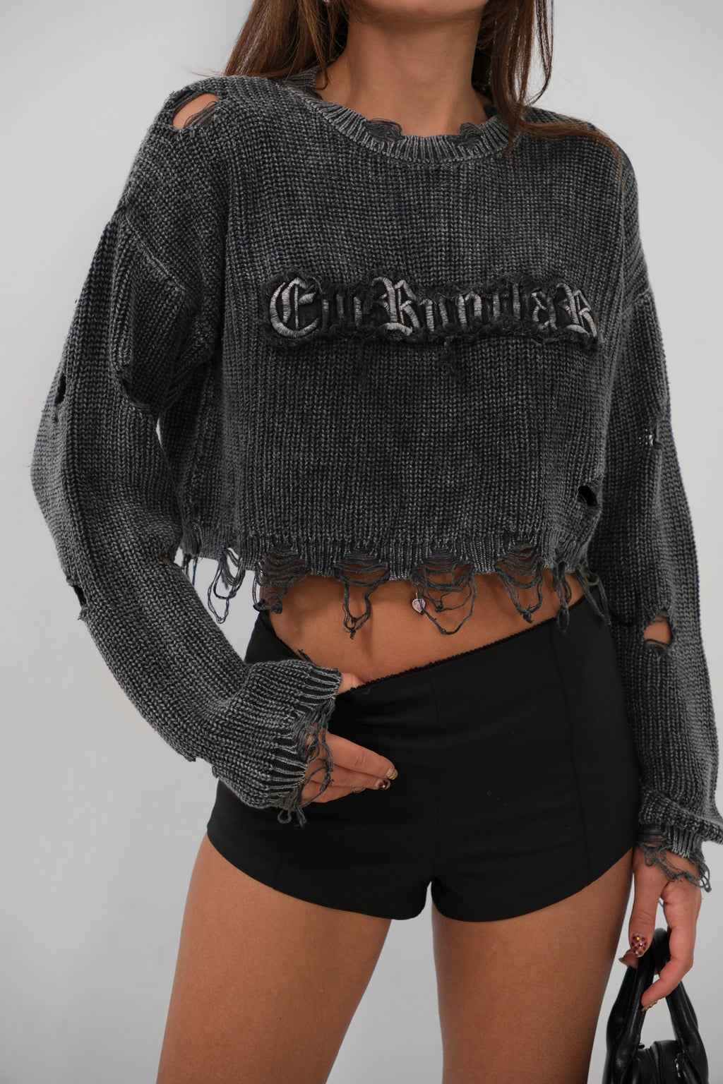Laser Cut Embroidered Washed Crop Smoke Sweater