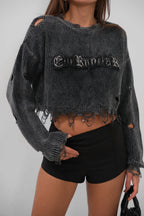 Laser Cut Embroidered Washed Crop Smoke Sweater