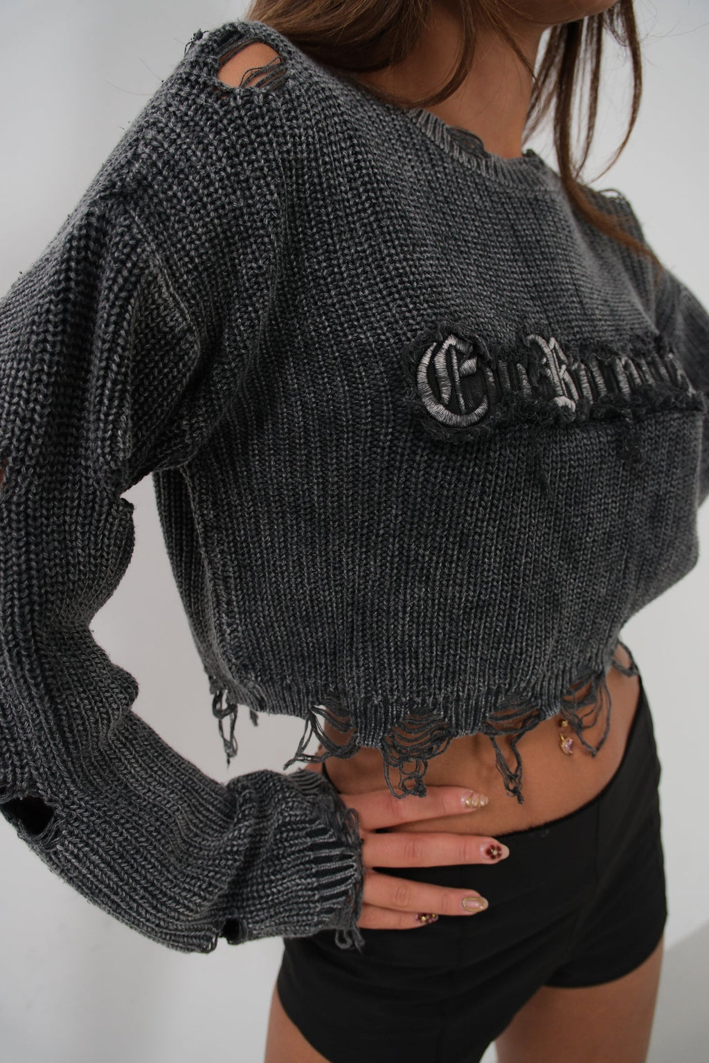 Laser Cut Embroidered Washed Crop Smoke Sweater