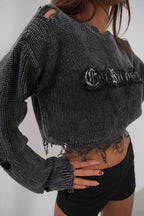 Laser Cut Embroidered Washed Crop Smoke Sweater