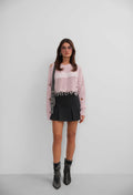 Laser Cut Embroidered Washed Crop Powder Pink Sweater