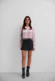 Laser Embroidered Washed Crop Powder Sweater