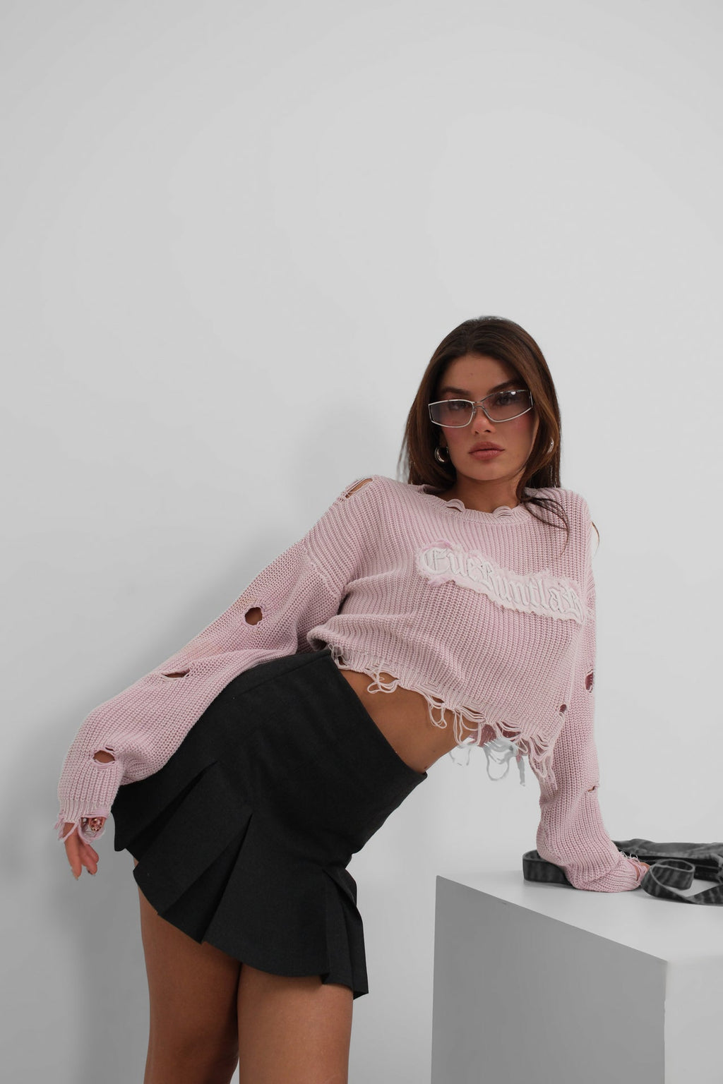Laser Cut Embroidered Washed Crop Powder Pink Sweater