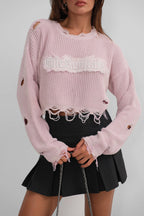 Laser Cut Embroidered Washed Crop Powder Pink Sweater