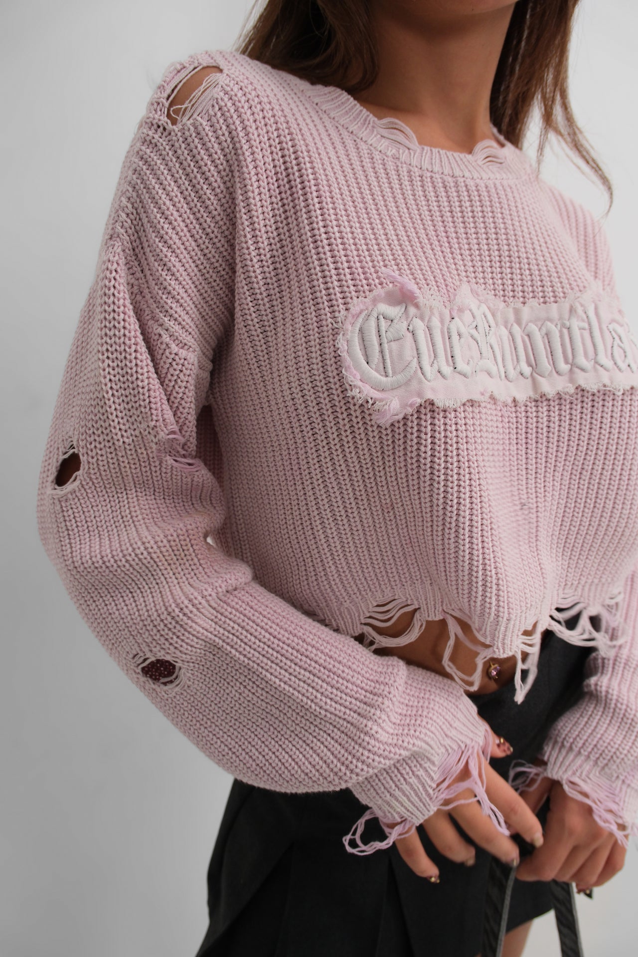 Laser Cut Embroidered Washed Crop Powder Pink Sweater