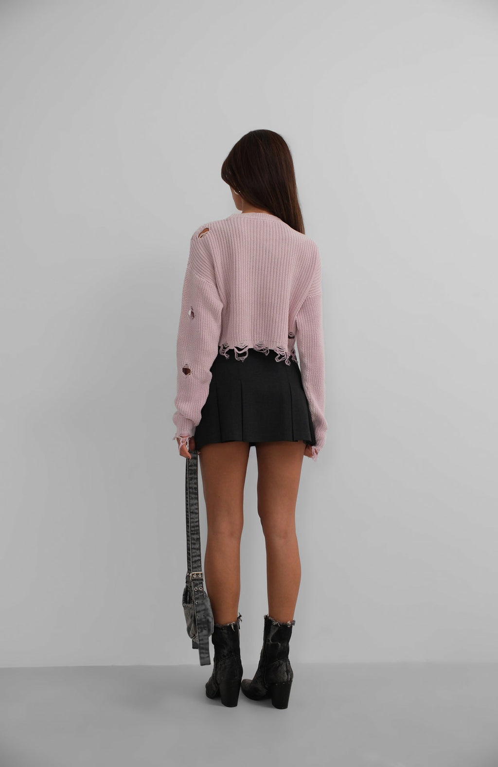Laser Cut Embroidered Washed Crop Powder Pink Sweater