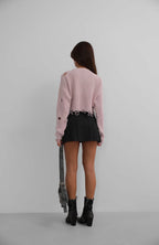 Laser Cut Embroidered Washed Crop Powder Pink Sweater