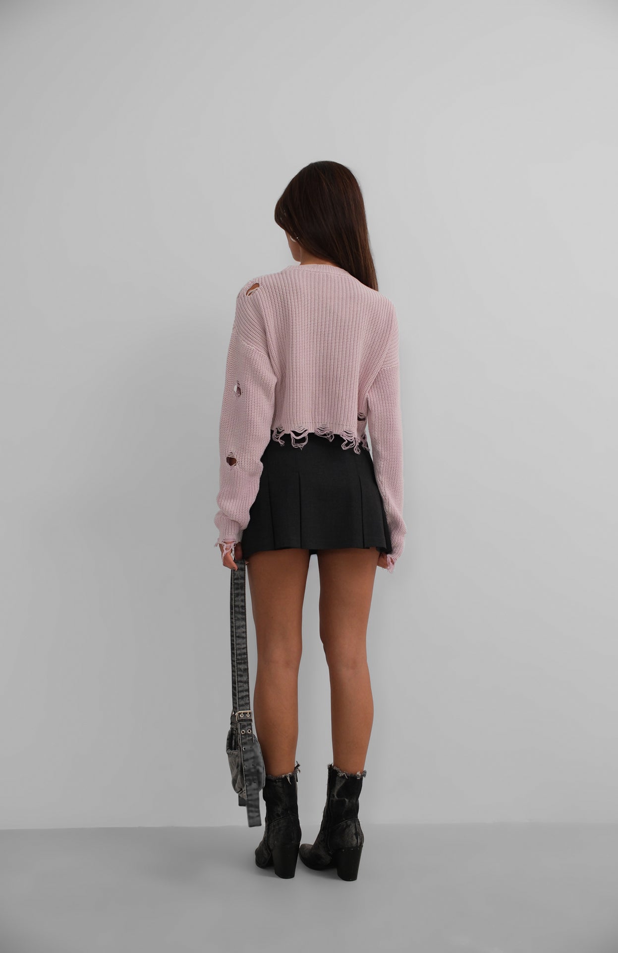 Laser Cut Embroidered Washed Crop Powder Pink Sweater