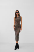 Leopar Patterned Flok Baskili Maxi Length Dress