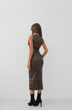 Leopar Patterned Flok Baskili Maxi Length Dress