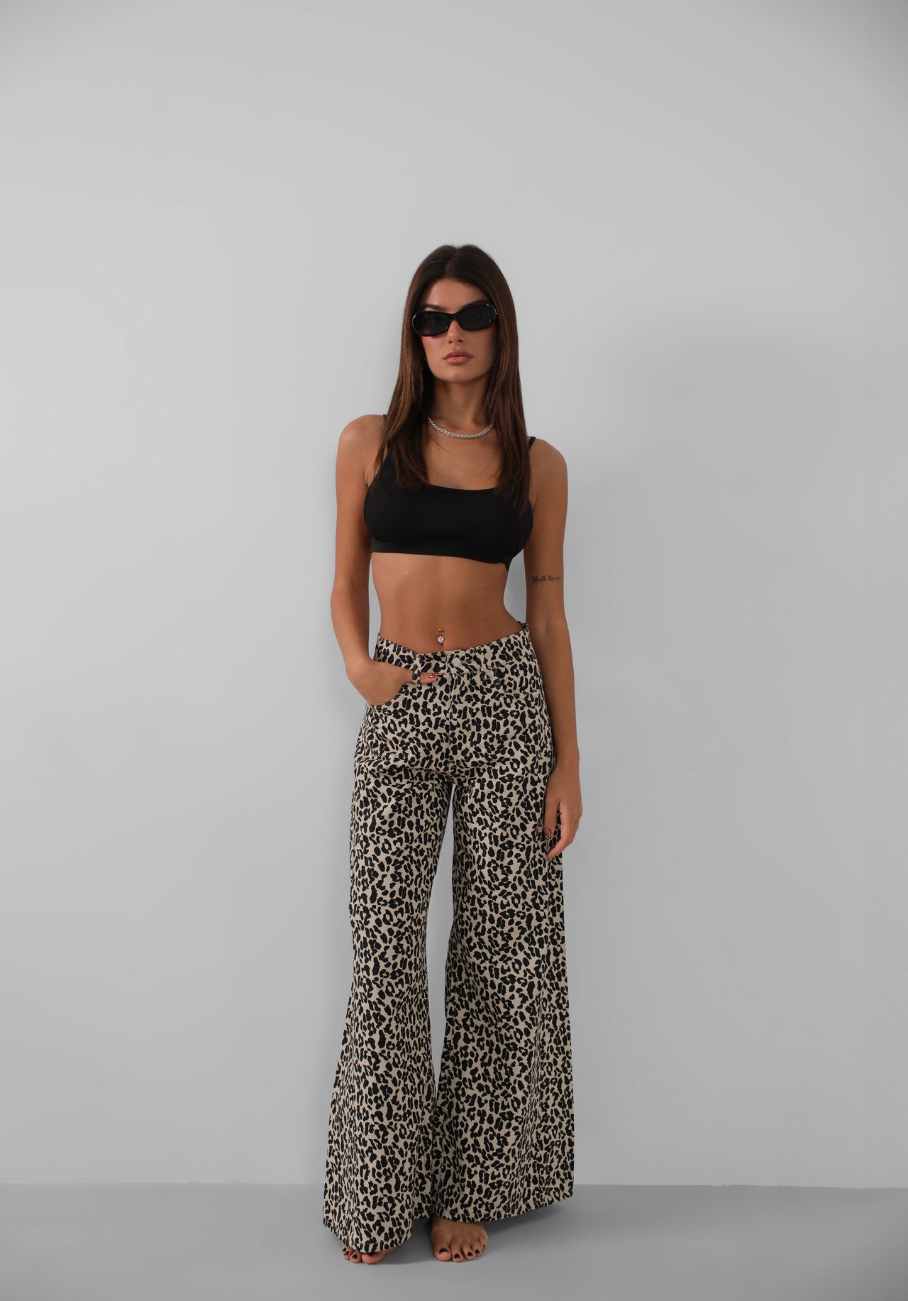 Leopardd Patterned Wide Leg Jeans