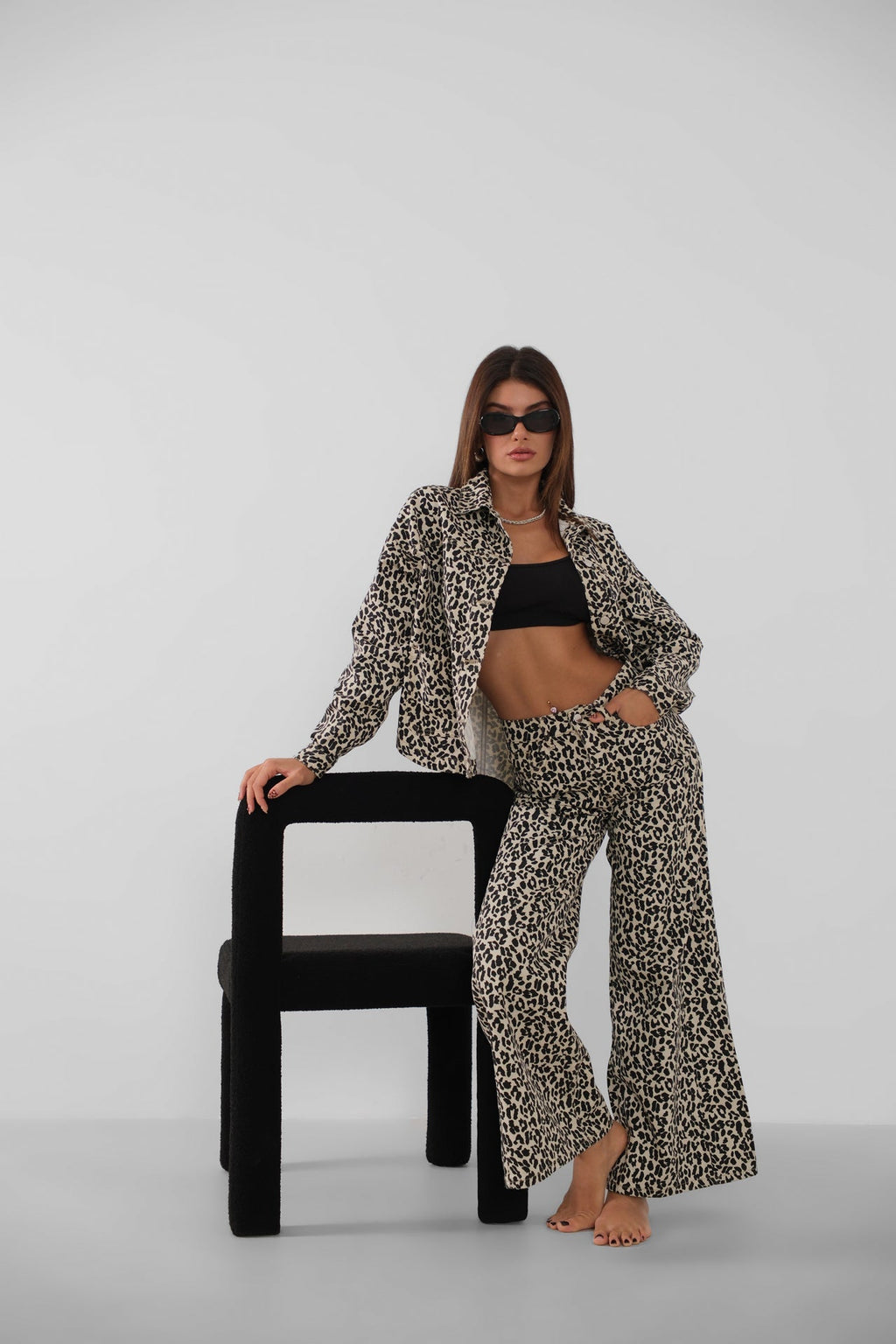 Leopardd Patterned Wide Leg Jeans