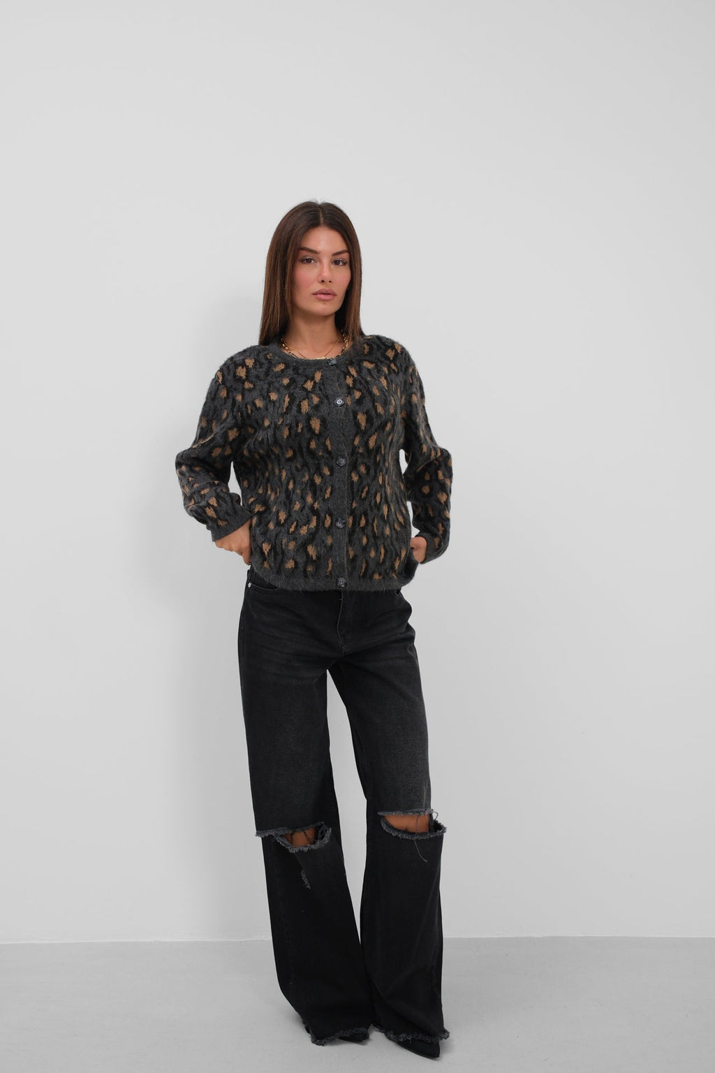 Leopard Patterned Black Cardigan