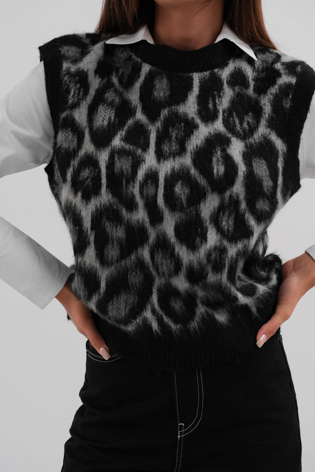 Leopar Patterned Black Sakalli Knit Suveter