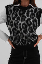 Leopar Patterned Black Sakalli Knit Suveter