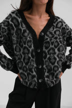 Leopar Patterned Black Knit Cardigan