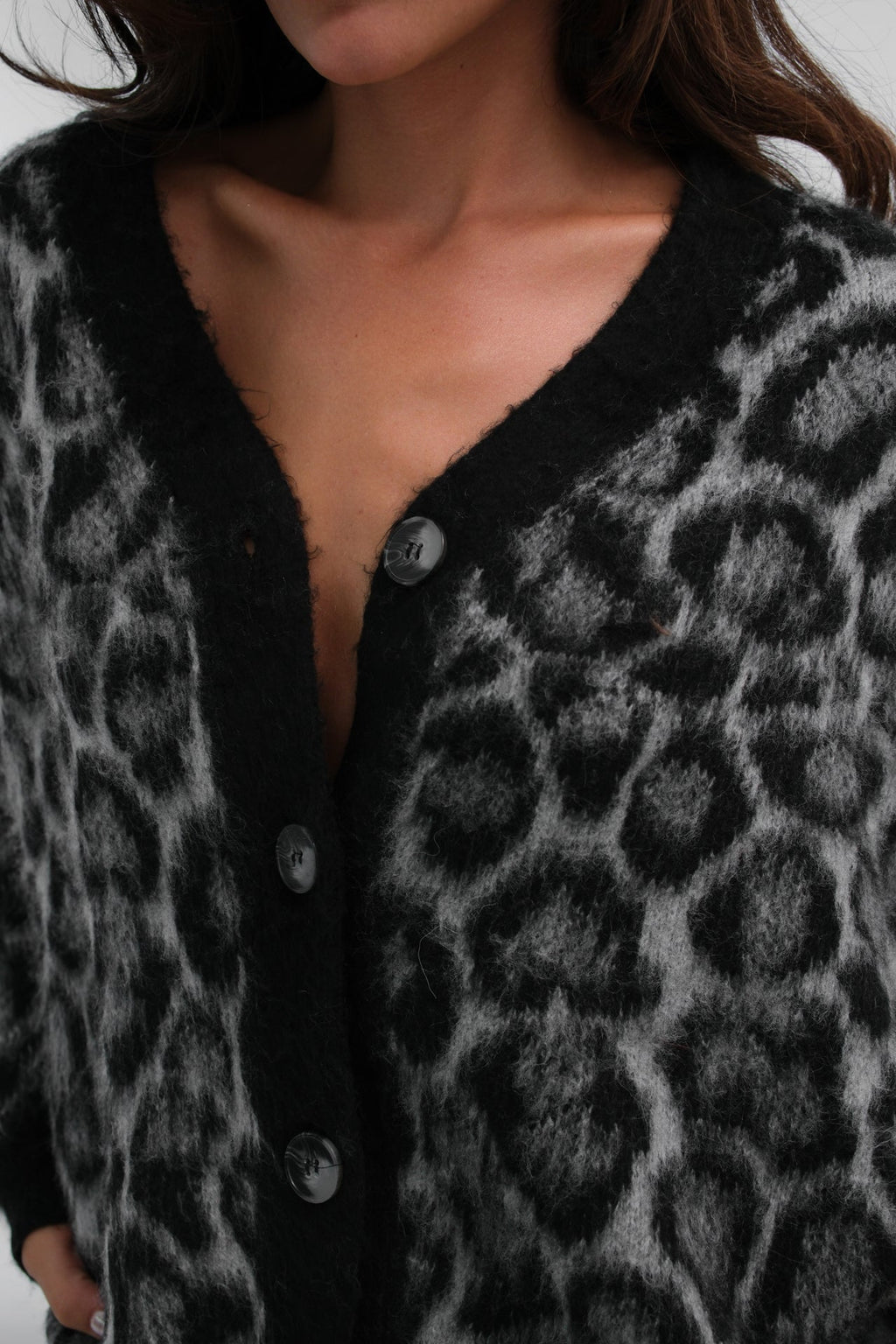 Leopar Patterned Black Knit Cardigan