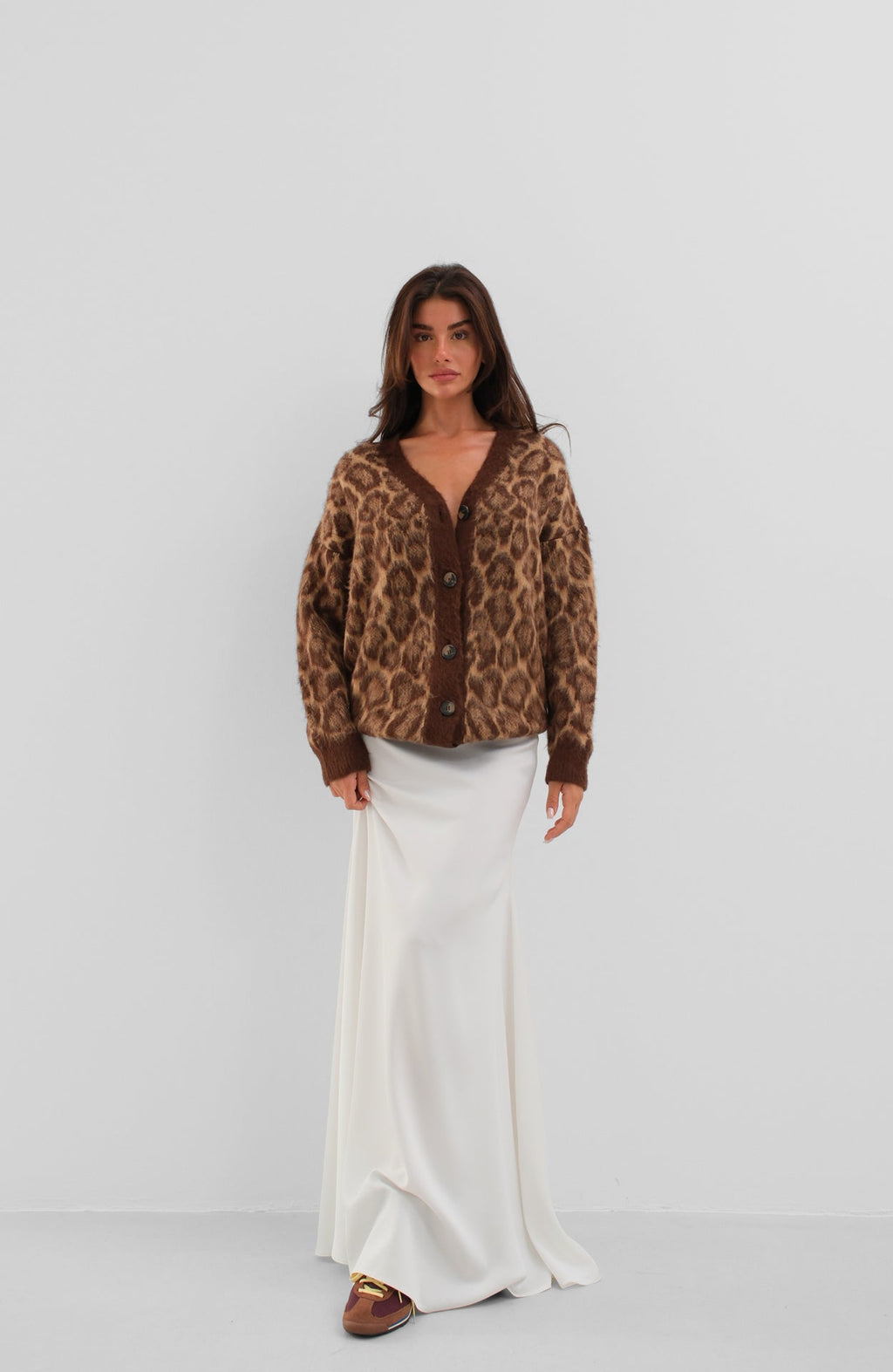 Leopar Patterned Brown Knit Cardigan