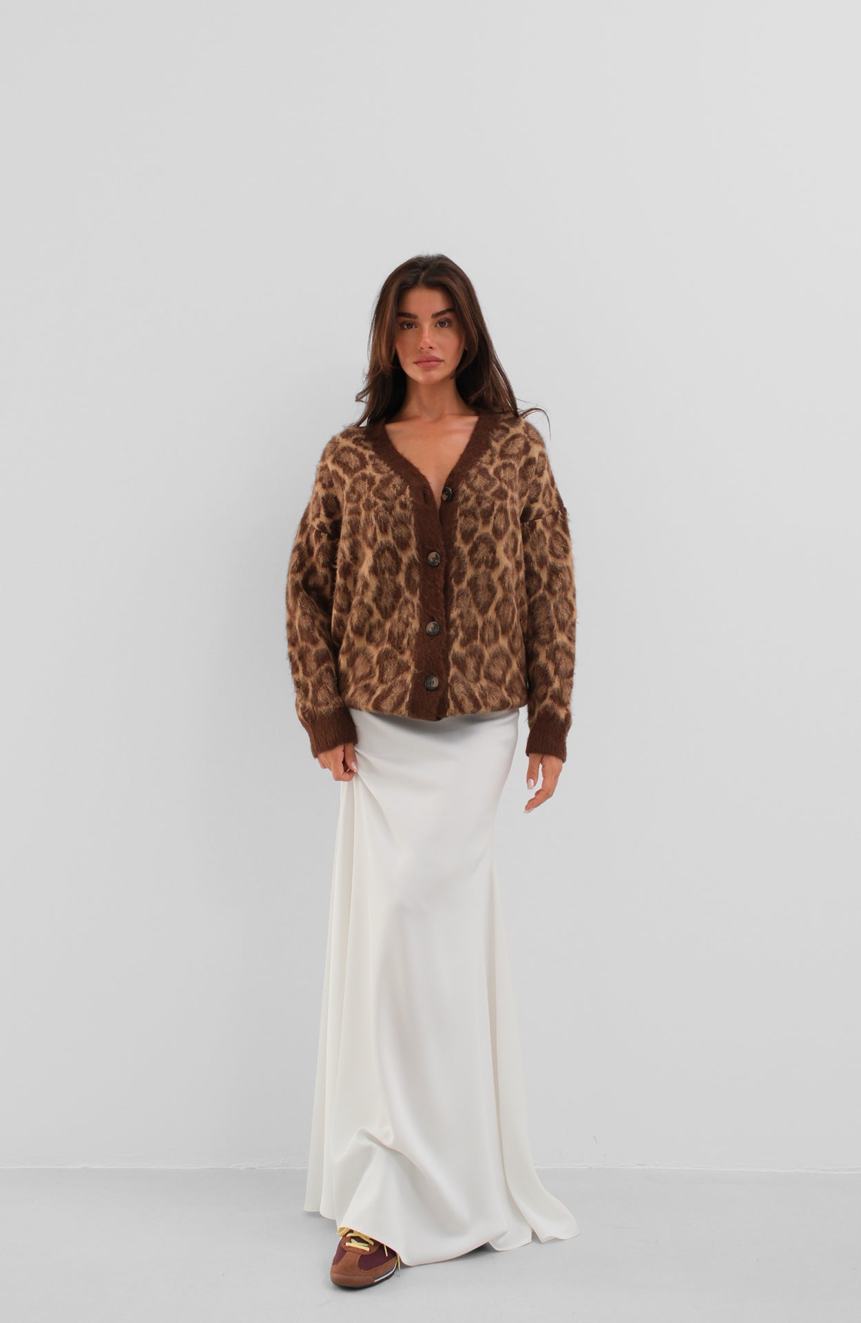 Leopar Patterned Brown Knit Cardigan
