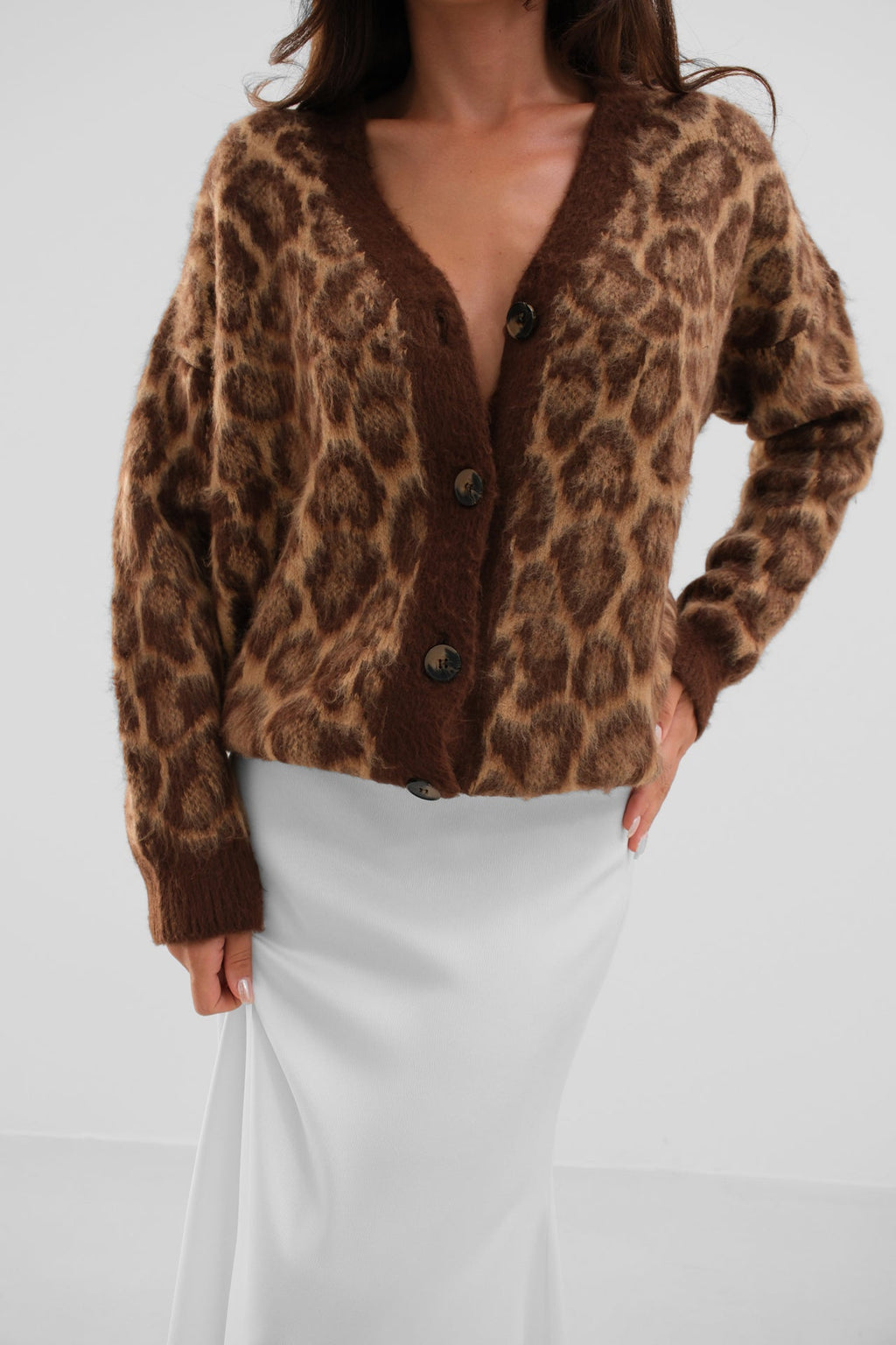 Leopar Patterned Brown Knit Cardigan
