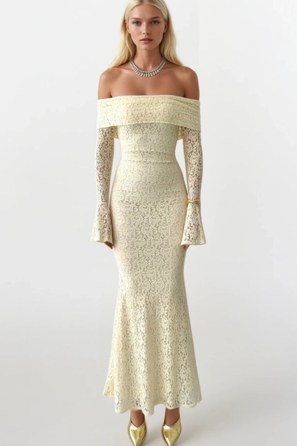 Off-Shoulder Neckline Lace Ecru Maxi Dress