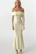 Off-Shoulder Neckline Lace Ecru Maxi Dress