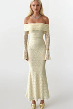 Off-Shoulder Neckline Lace Ecru Maxi Dress