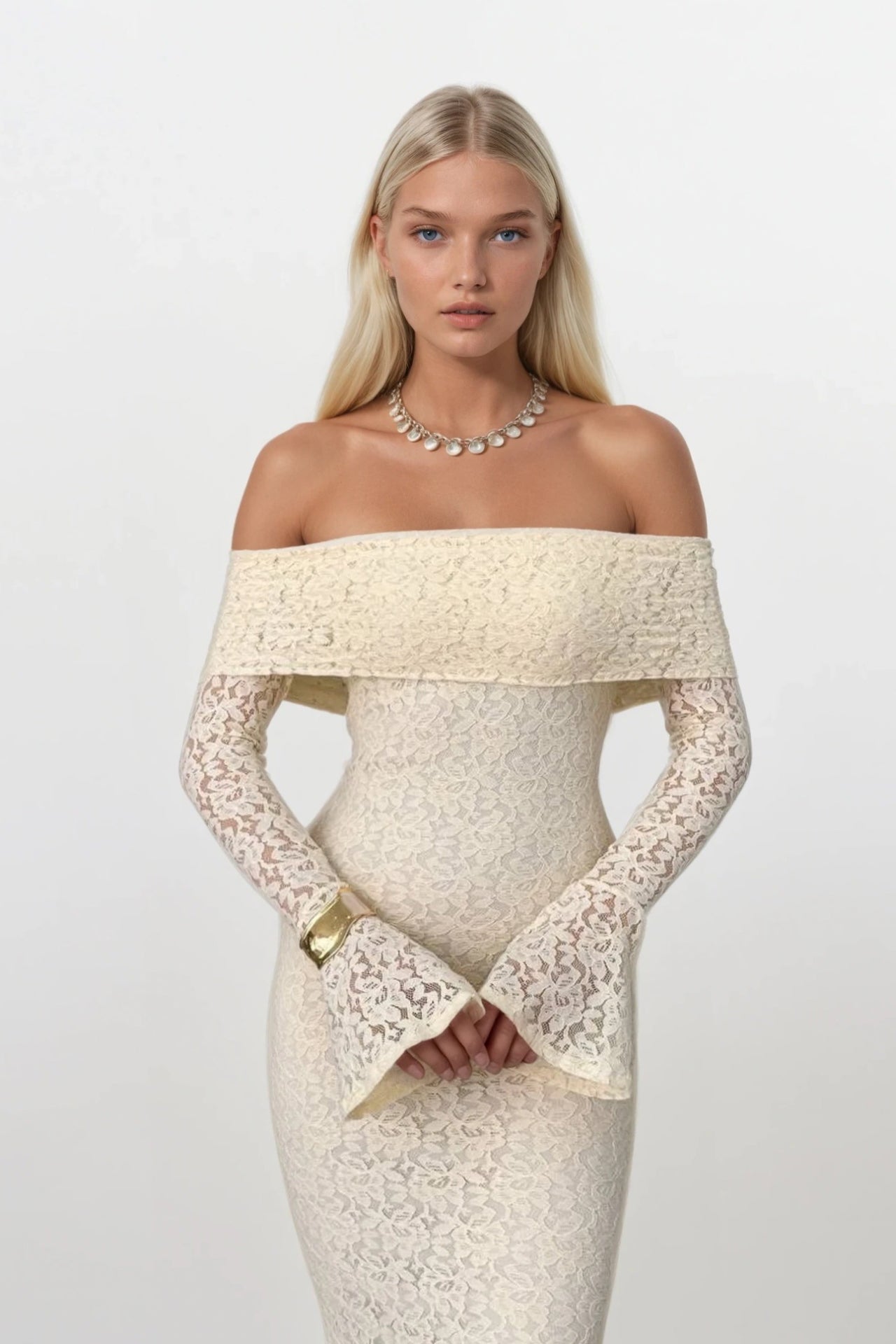 Off-Shoulder Neckline Lace Ecru Maxi Dress
