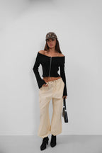 Off-Shoulder Neckline Zippered Black Cardigan