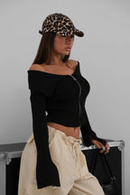 Off-Shoulder Neckline Zippered Black Cardigan