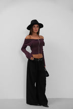 Off-Shoulder Neckline Zippered Burgundy Cardigan