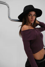 Off-Shoulder Neckline Zippered Burgundy Cardigan