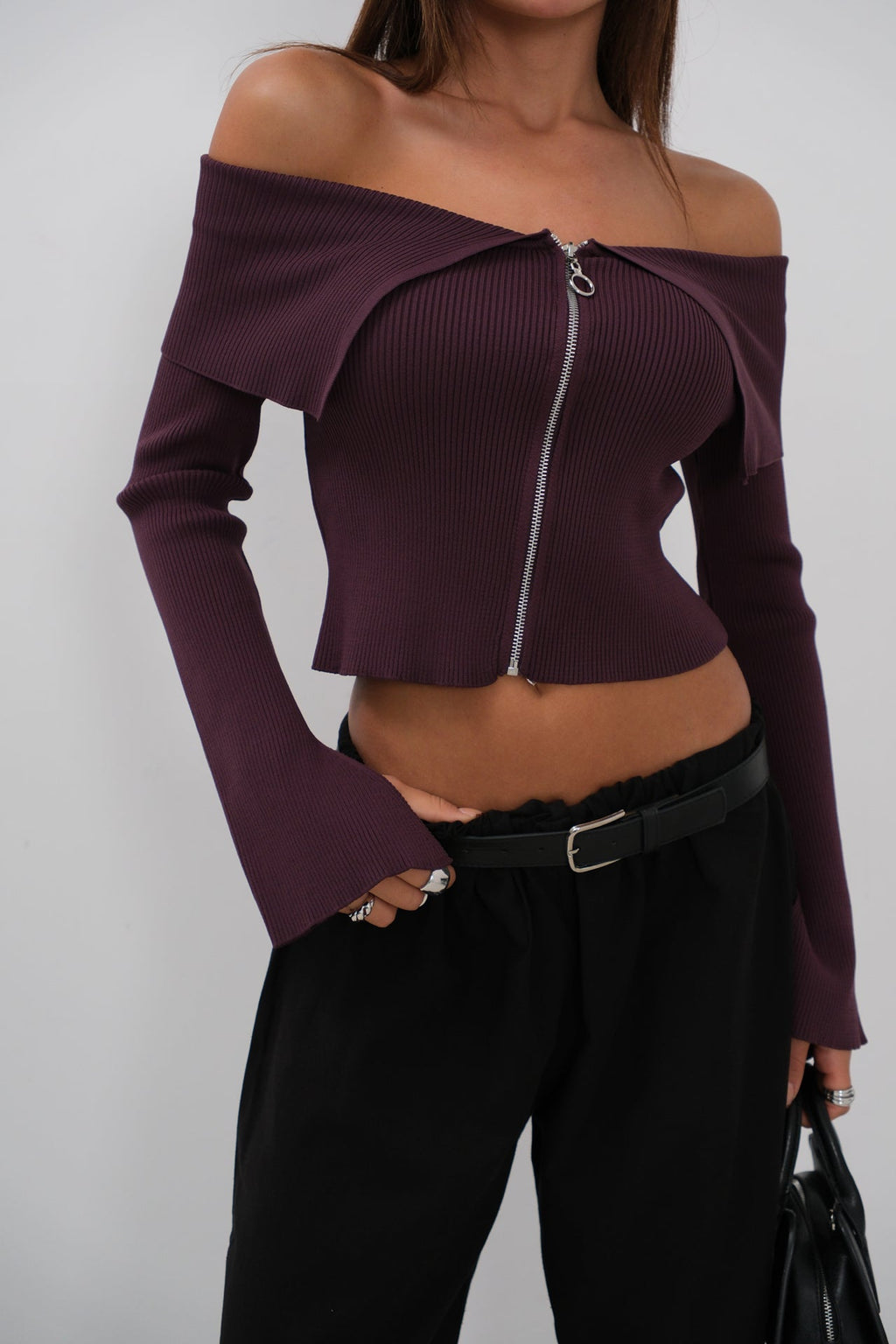 Off-Shoulder Neckline Zippered Burgundy Cardigan