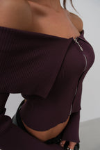 Off-Shoulder Neckline Zippered Burgundy Cardigan