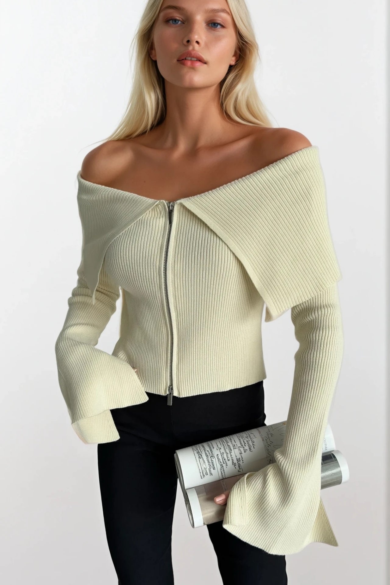 Off-Shoulder Neckline Ecru Zip-Up Knit Blouse