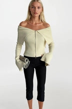 Off-Shoulder Neckline Ecru Zip-Up Knit Blouse
