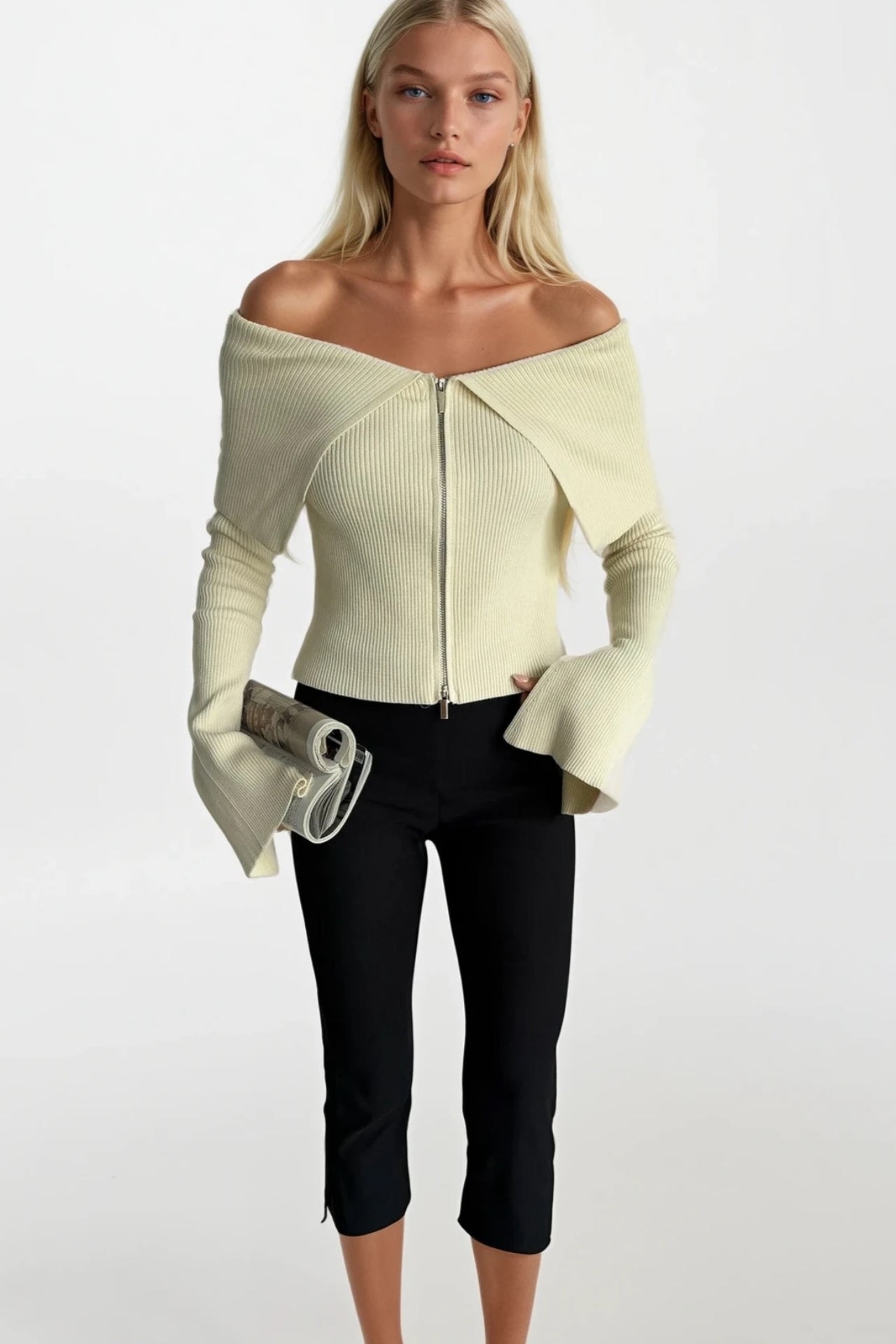 Off-Shoulder Neckline Ecru Zip-Up Knit Blouse