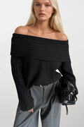 Off-Shoulder Neckline Black Knit Sweater