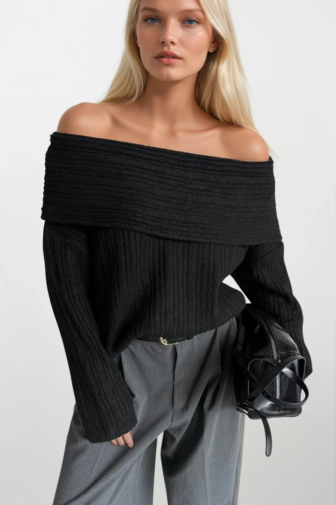 Off-Shoulder Neckline Black Knit Sweater