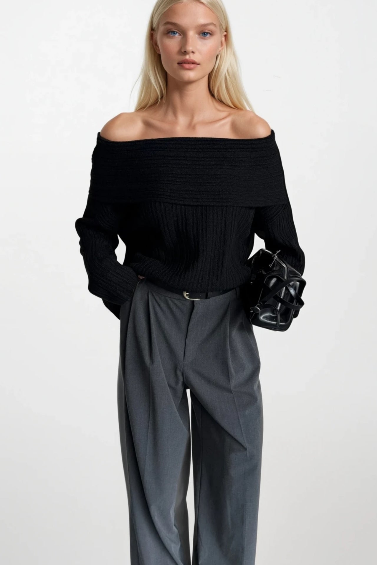 Off-Shoulder Neckline Black Knit Sweater