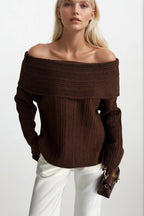 Off-Shoulder Neckline Brown Knit Sweater