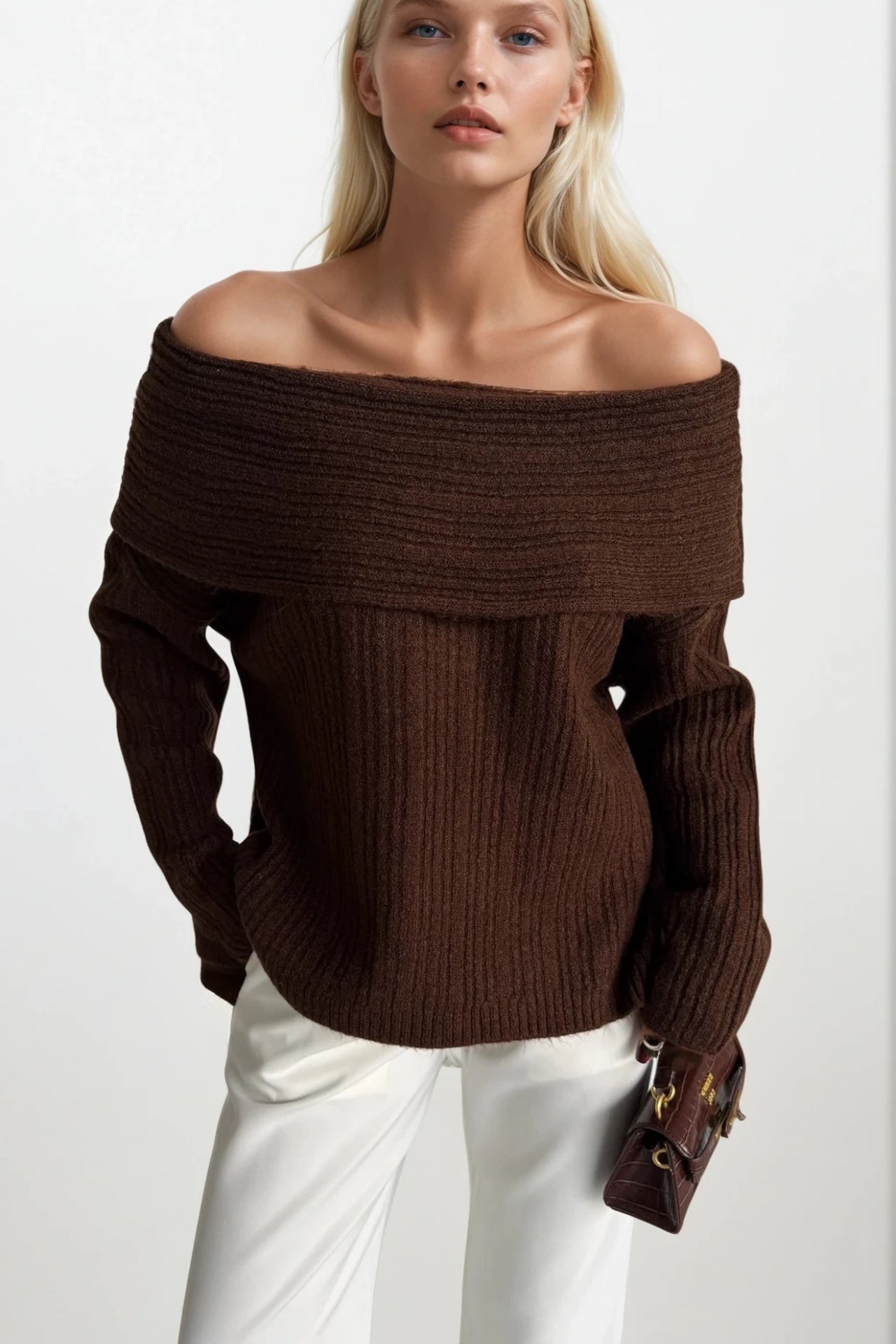 Off-Shoulder Neckline Brown Knit Sweater