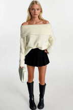 Off-Shoulder Neckline Ecru Knit Sweater
