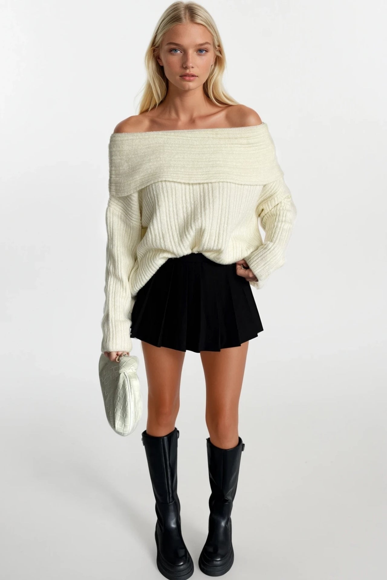 Off-Shoulder Neckline Ecru Knit Sweater