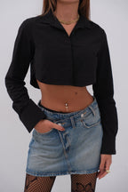 Cuff Detail Crop Black Shirt