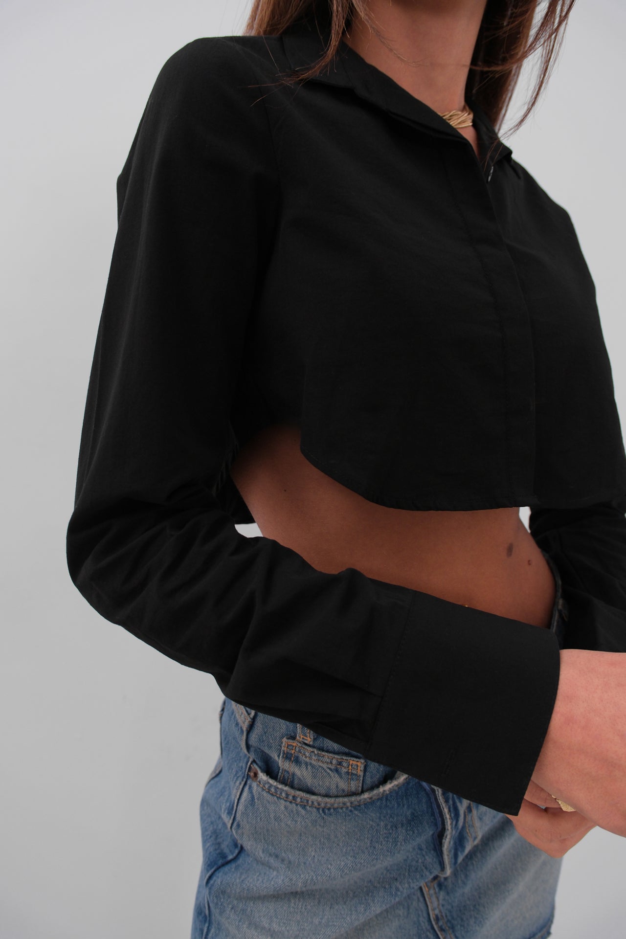 Cuff Detail Crop Black Shirt