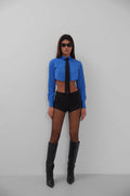 Cuff Detail Sax Blue Crop Shirt