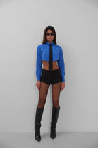 Cuff Detail Sax Blue Crop Shirt