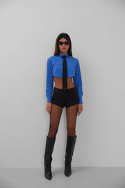 Cuff Detail Saxe Blue Crop Shirt