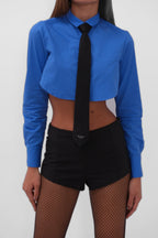 Cuff Detail Sax Blue Crop Shirt
